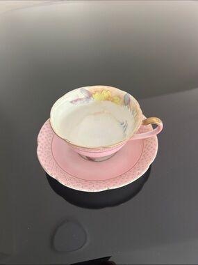 Vintage MERIT Hand Painted Occupied Japan Tea Cup and Saucer Pink Dots 1946-1952